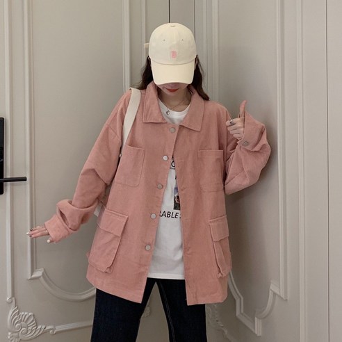 루즈한 솔리드 컬러 여성용 코듀로이 중간 길이 폴로 칼라 셔츠 핑크 재킷