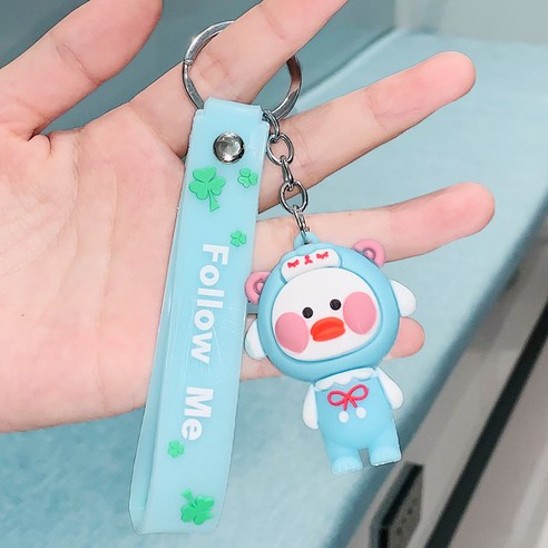 KOREALN 새로운 랍스터 버클 네 잎 잔디 기울고 키 체인 자동차 장식품 PVC 만화 낙서 오리 펜던트