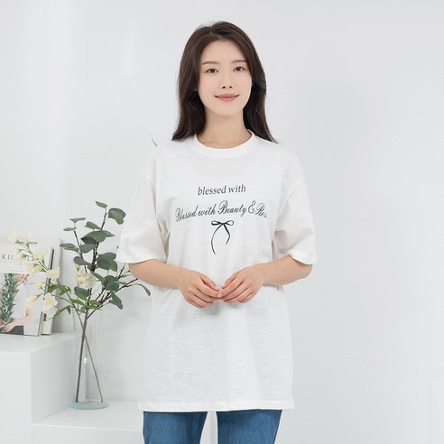 중년여성을 위한 엄마옷 리본 면 라운드 반팔 티셔츠