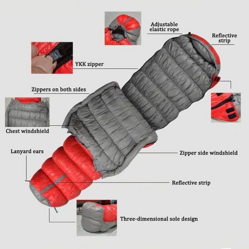대형 사이즈 화이트 구스 다운 필링 초경량 방수 캠핑 침낭 225*90cm 1500G, 씨엔, 01 Red 1500g Filling, 1개