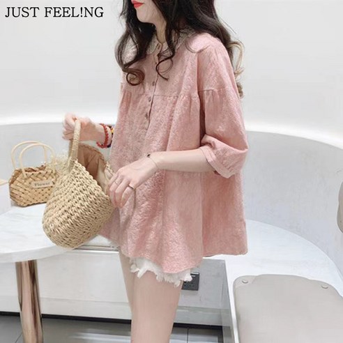 시크한 여름 루즈핏 블라우스, JUST FEEL!NG 여성용 카라넥 셔츠