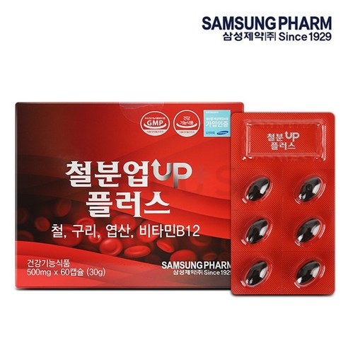 삼성제약 철분업플러스 철 구리 엽산 비타민B12 500mg x 60캡슐 2달분, 상세페이지 참조, 상세페이지 참조