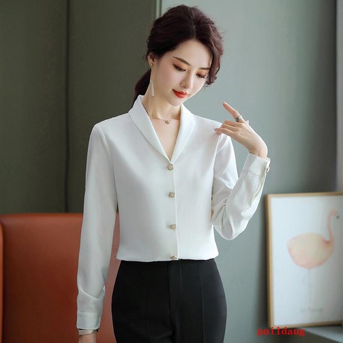 블라우스 여성용 긴 소매 단색 옷깃 탑