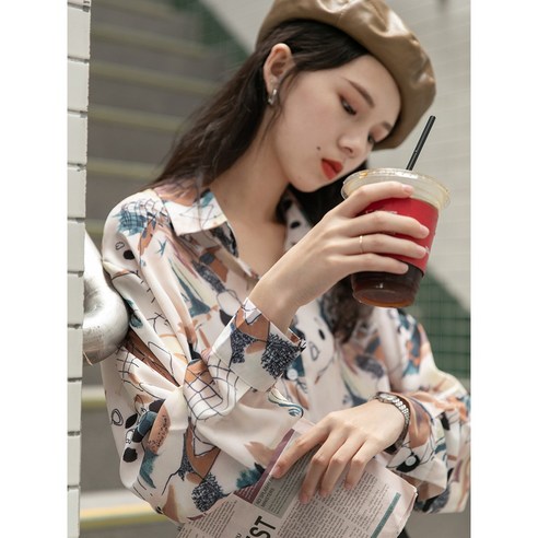 디자인 감각 홍콩 스타일 서양식 프린트 셔츠 여성 가을 ​​신작 작은 상큼한 느슨한 달콤한 긴팔 셔츠 조수