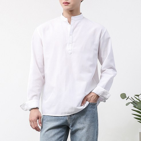 오버나인 남성용 무지 옥스포드 헨리넥 긴팔 셔츠