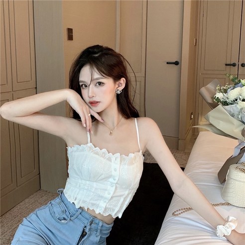 DFMEI 여름 민소매 반팔 티셔츠 프랑스어 레이스 달콤한 슬링 디자인 감각 틈새 외부 착용 여자 높은 허리 짧은 순수 조끼 탑 여름