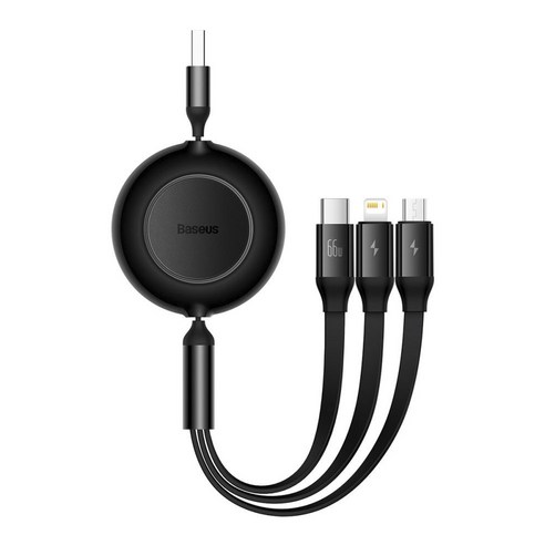 베이스어스 슈피겐 시리즈 2 스트레치 3인1 고속 충전 케이블 USB 투 M+L+C 66W, 1개, 1.1m, 블랙