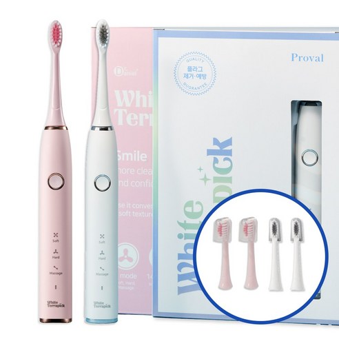 [치과약국판매] 프로벨 음파전동칫솔 저자극 방수 1년무상A/S 칫솔모2개포함, 화이트테라픽 음파칫솔, 화이트+핑크, 2개