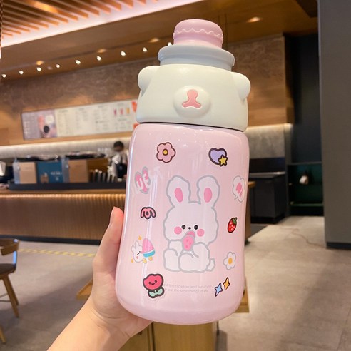 보온컵 여자 고안가 주전자 휴대용 야외 선녀 컵 배 빨대 물컵, 핑크+스티커, 1130ml