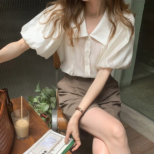 DFMEI 프랑스어 스타일 부드러운 스타일 버블 슬리브 셔츠 여성 여름 얇은 디자인 틈새 반소매 셔츠 느슨한 세련된