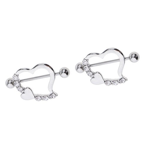 2pcs 라인 석 기대어 심장 젖꼭지 링 바 심장 NippleRings 보석 16g