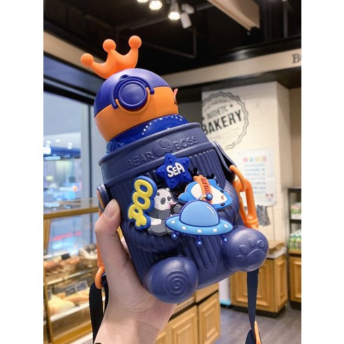 ZZJJC 캐릭터 텀블러 여고 비주얼 아이디어 소변 휴대 빨대 텀블러 홀컵, 네이비 500ml 빨대 브러시, 상규격