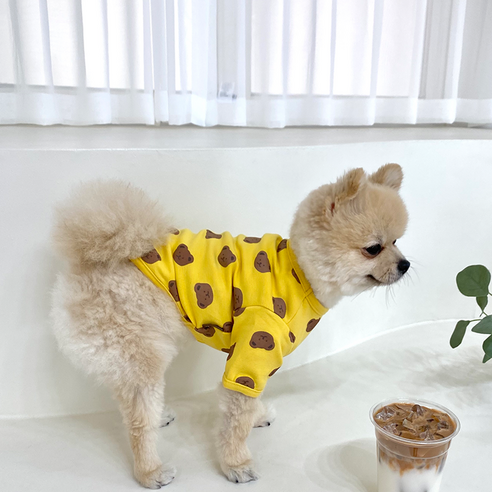 데댕 베어프린트 티셔츠 강아지옷 사계절 실내복, 옐로우