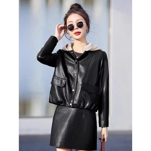 봄 가을 니트 후드 가죽 여성 자켓 데일리 레더 점퍼
