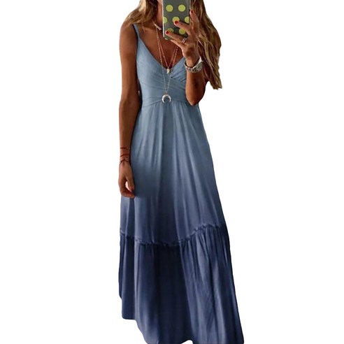 Emeili V 넥 그라디언트 컬러 스트랩 드레스 여름 민소매 스윙 여성 해변