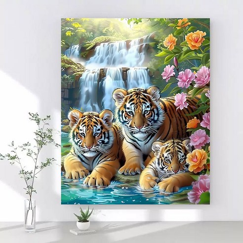 보석십자수 캔버스형 DIY 액자형 40x50cm 3D 대형 다이아몬드페인팅 그림 구슬십자수 행운 거실 인테리어 그림, 1개, 16 호랑이 폭포