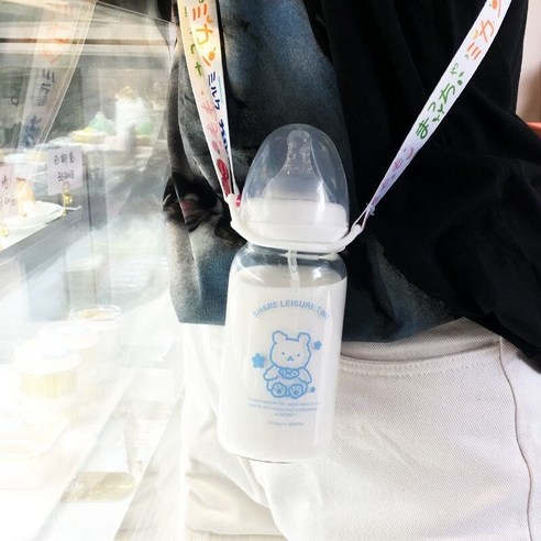 한국어 스타일 귀여운 컵 졸업 짚 성인 크리 에이 티브 유리 컵 여학생 젖꼭지 컵 휴대용 컵, 330ml블루곰스케일240_단일병+밀짚중력볼+스트랩