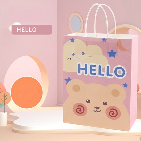 채색 캐릭터 크라프트 쇼핑백 50p 예쁜 미니 선물 포장 주머니, 세로 15*8*21cm, HELLO