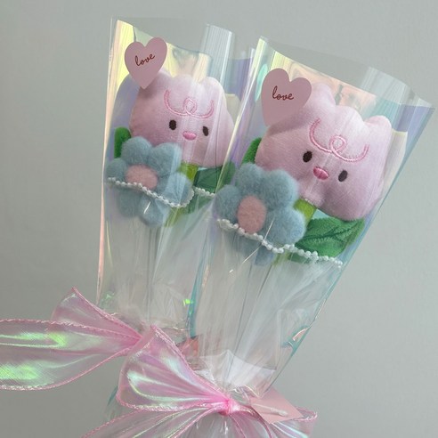 귀여운 인형꽃다발 튤립인형 꽃 한송이 꽃선물 인형꽃선물, 핑크2개, 1세트
