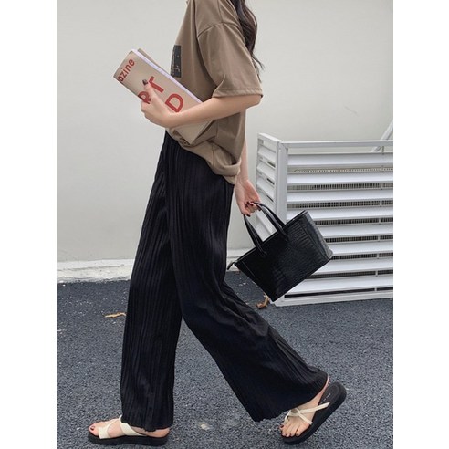 플리츠팬츠 주름바지 플리츠 바지 와이드 팬츠 솔리드 하이 웨이스트 루즈 스트레이트 처진 레그 캐주얼 패션 몸빼바지 빅사이즈