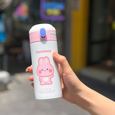 [LM] 380ml 귀여운 곰 보온병 스테인레스 스틸 보온 만화 스포츠 차 보온병 빨대, Pink B