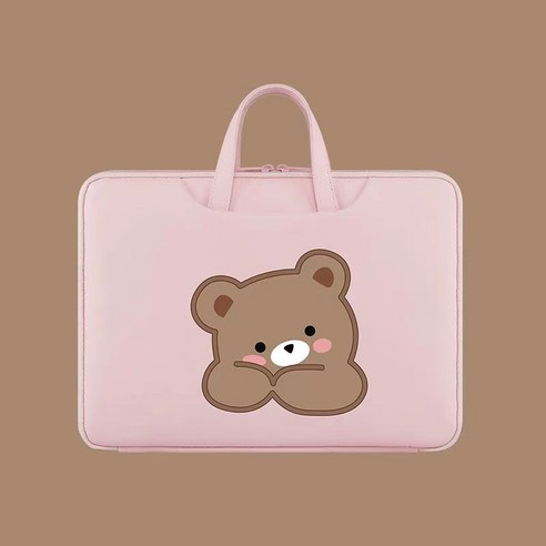 [코스릴] 노트북 가방 만화 플랫 토트, 핑크 작은 갈색 곰