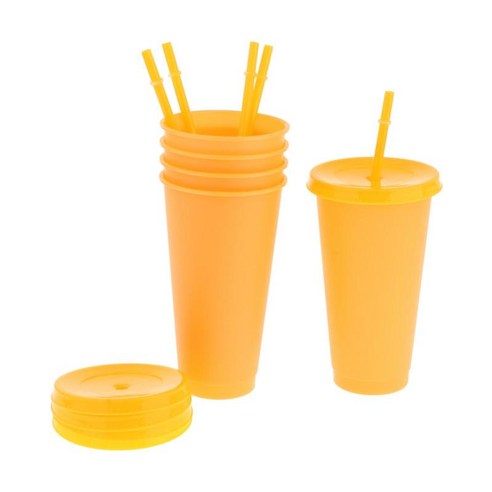 빨대와 뚜껑이 있는 텀블러 물병 스 커피 여행 머그 컵 재사용 가능한 플라스틱 컵 파티에 적합 생일-5 팩, 주황색, 6.81x3.85x2.36 인치