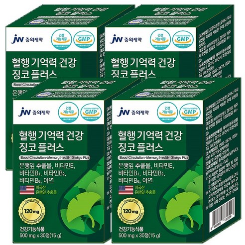 JW 중외제약 징코플러스 은행잎추출물(미국산) 120mg 비타민E 비타민B1 B2 B6 아연, 30정, 6개