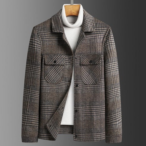 Mao가을 겨울 수제 양면 모직 자켓 남자 옷깃 짧은 유행 캐주얼 체크 무늬 슬림 피트 모직 코트