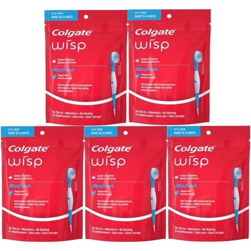 Colgate Max Fresh Wisp 일회용 미니 칫솔 페퍼민트 24개 5팩 미국 472235, 5개