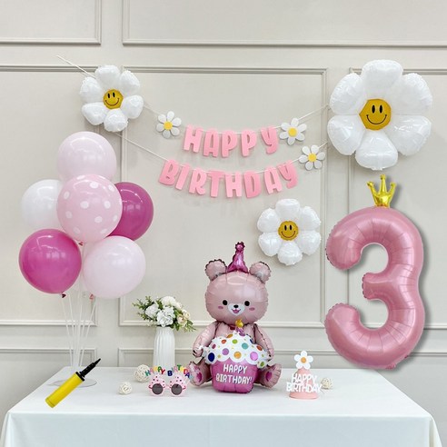 연지마켓 데이지 곰돌이 생일 파티 숫자 풍선 가랜드 세트, 3, 1세트, 베어 핑크 3