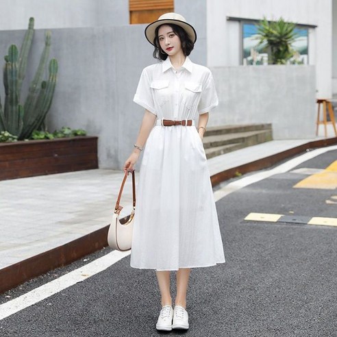 셀럽당 여름 여 화이트 셔츠 원피스 허리 여리여리 반팔 기질 a라인 롱스커트