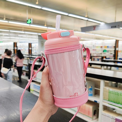 높은 색상 가치 보온병 휴대용 컵 짚 보온병 스테인레스 스틸 대용량 컵 가구, 보온병 컵, 핑크 560ml 컵 세트