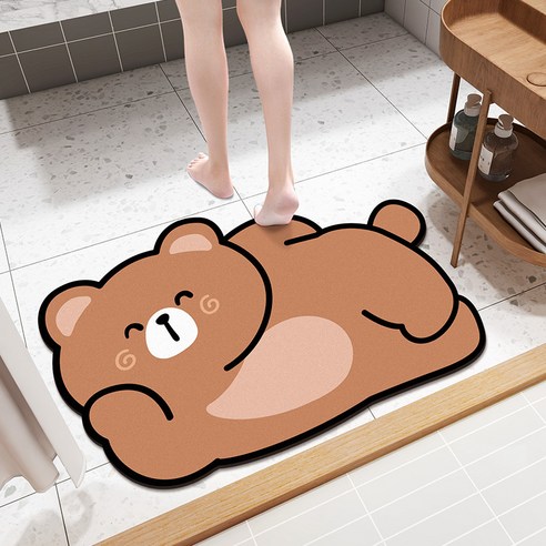 DFMEI만화 욕실 물 흡수 바닥 매트 규조토 진흙 소프트 화장실 문 매트 가정용 화장실 비 슬립 빠른 건조 카펫, 사이드 거짓말 곰 [스웨이드], 40*60Cm