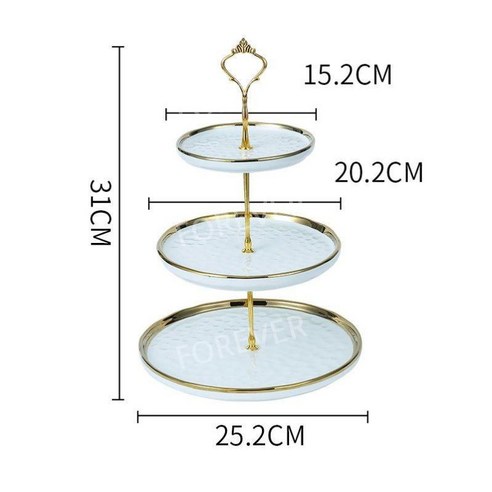 케이크접시 3단 그릇 플레이트 호텔 디저트 과일, 백 파문 3층 황관금, 1개