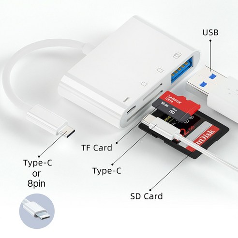 C타입 8핀 USB SD카드 멀티 리더기 4in1, 8핀멀티리더기