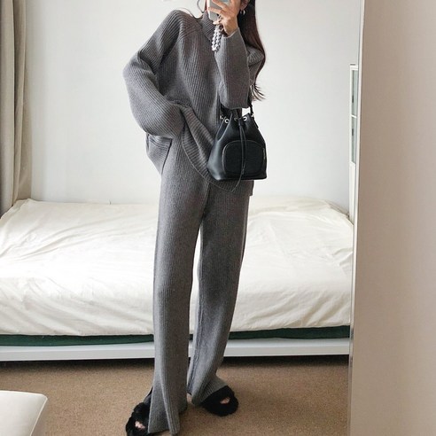 요시아나 [당일발송] 루체른 포근한 굵은 골지 하이넥 지퍼 니트 롱팬츠 투피스 세트 2컬러