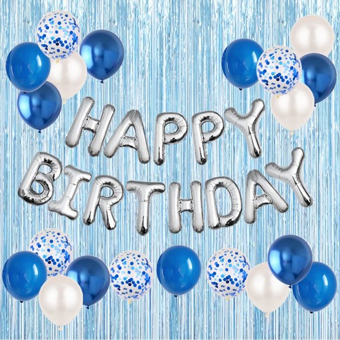 HBD 은박풍선 크롬메탈 혼합풍선세트 파티커튼 생일파티세트 [에브리띵스마일] 1221, 1세트, 실버 블루 풍선 커튼