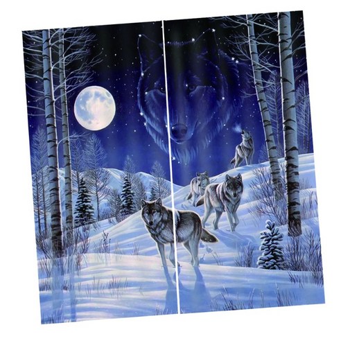 3D 동물 효과 커튼 침실 식당 창 드레이프 배경막 2Panel, 스노우 Wolves-75x166cm, 설명
