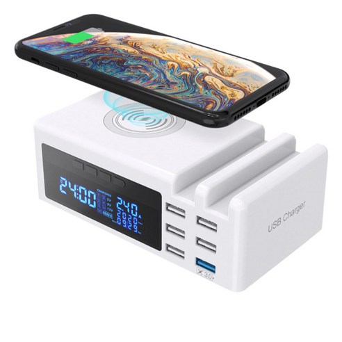 AFBEST 6 포트 LCD Qi 빠른 무선 충전기 USB 3.0 스탠드 QC Xiaomi (흰색) US 플러그 용 휴대용 고속, 하얀