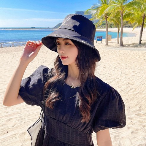 뉴 하트 알파벳 세련되고 심플한 일계 어부 모자 여자 여름 테두리 자외선 차단 모자 접을 수 있다, 검정색