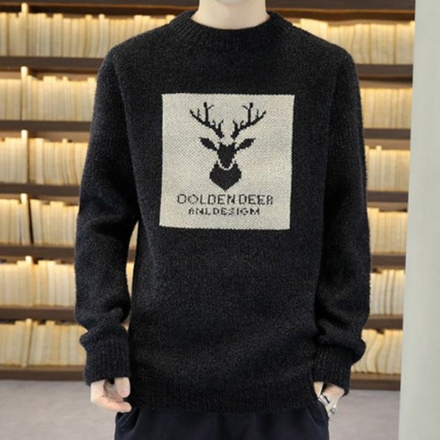 맞춤형 사슴 헤드 자카드 스웨터 남성 겨울 느슨한 라운드 넥 스웨터 청소년 한국 스타일 패션 두꺼운 따뜻한 스웨터