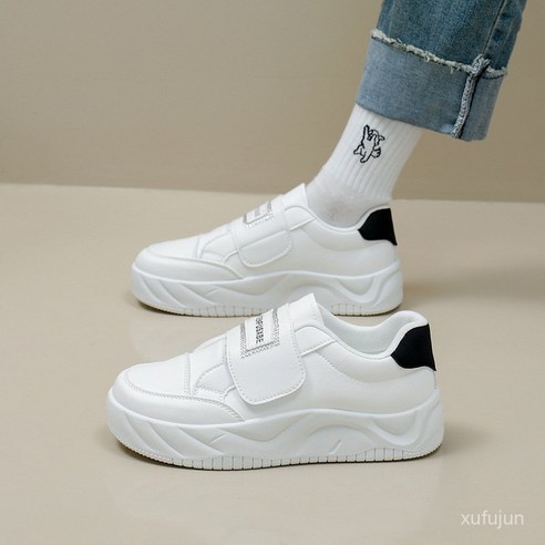 JUSTFEELING 여성 화이트 키높이 스니커즈 벨크로 운동화