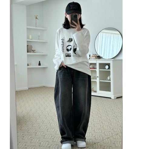스타일콘 주니어 중학생 흑청 블랙진 와이드청바지 벌룬데님