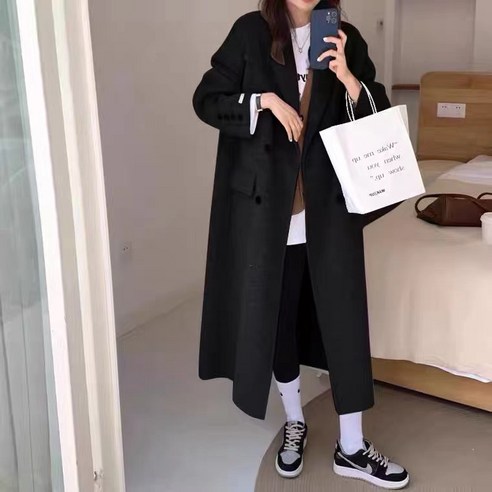 ANYOU 여성용 겨울코트 오버핏 데일리 롱코트 고급 핸드메이드코트