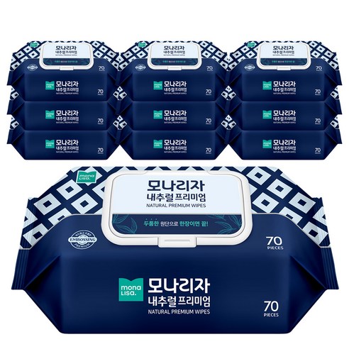 모나리자 물티슈 내추럴 프리미엄 캡형 70매 (80gsm 고평량), 10개