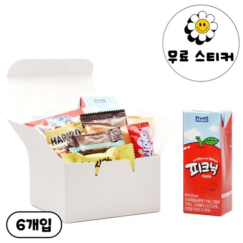 단체간식 주스세트 꾸러미 상자 어린이집 선물 생일 답례품 학교 교회 행사 올인원 + 스티커, 6개, 간식세트