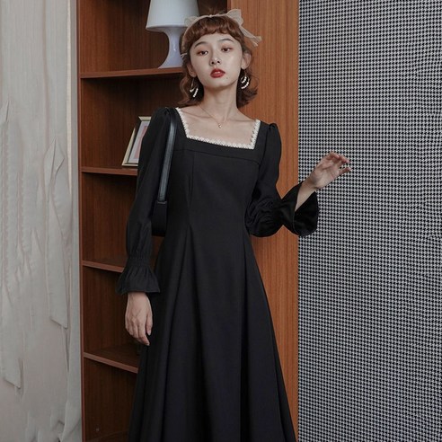 KORELAN 새로운 프랑스 복고풍 햅번 스타일의 작은 검은 색 드레스 허리는 얇고 긴팔 기질 드레스 여성입니다