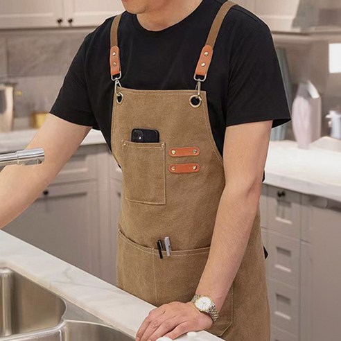 르미나인 공방 남자 가죽패치 캔버스 프리미엄 심플 앞치마 추석앞치마 네일샵 플로리스트 펜션 와인바 남성용 빅사이즈 앞치마 설날 앞치마, 1개, 갈색