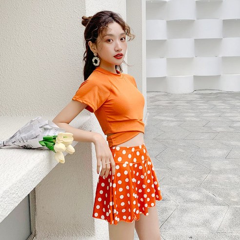 KORELAN 수영복 보수 운동 온몸 배 가리다 날씬하다 ins 초선 수영 수업, 오렌지, {"사이즈":"S(70~90근)"}